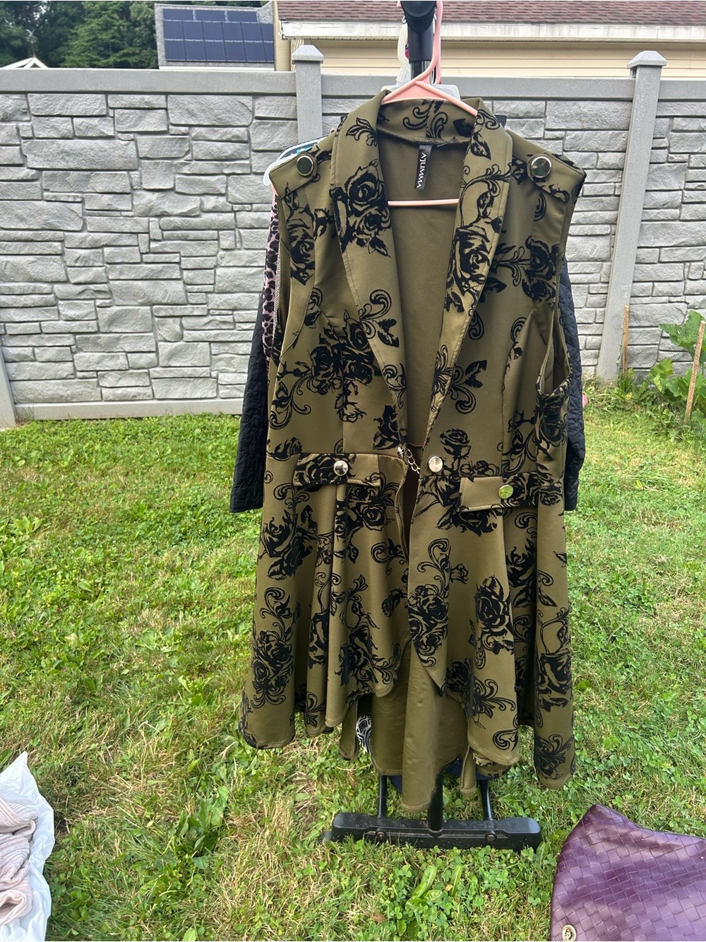 Olive Floral Sleeveless Trench Vest with Black Burnout Pattern